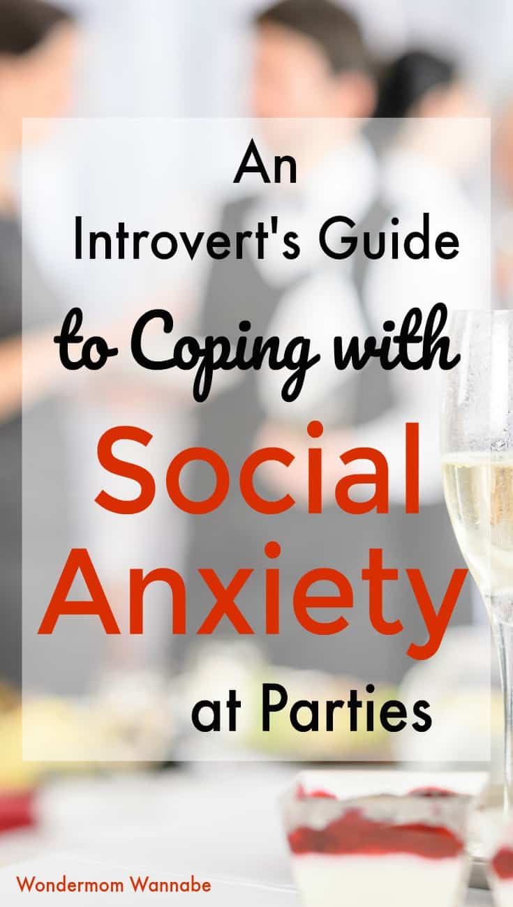 a blurred view of people at a party with title text reading An Introvert's Guide to Coping with Social Anxiety at Parties
