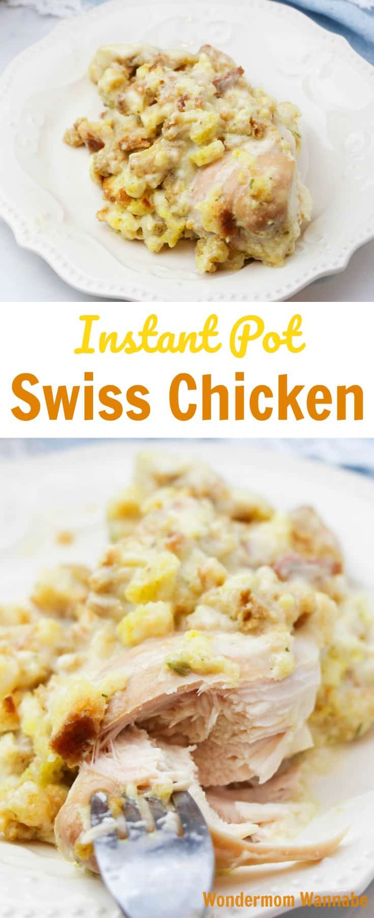 collage of swiss chicken on a white plate with title text reading Instant Pot Swiss Chicken
