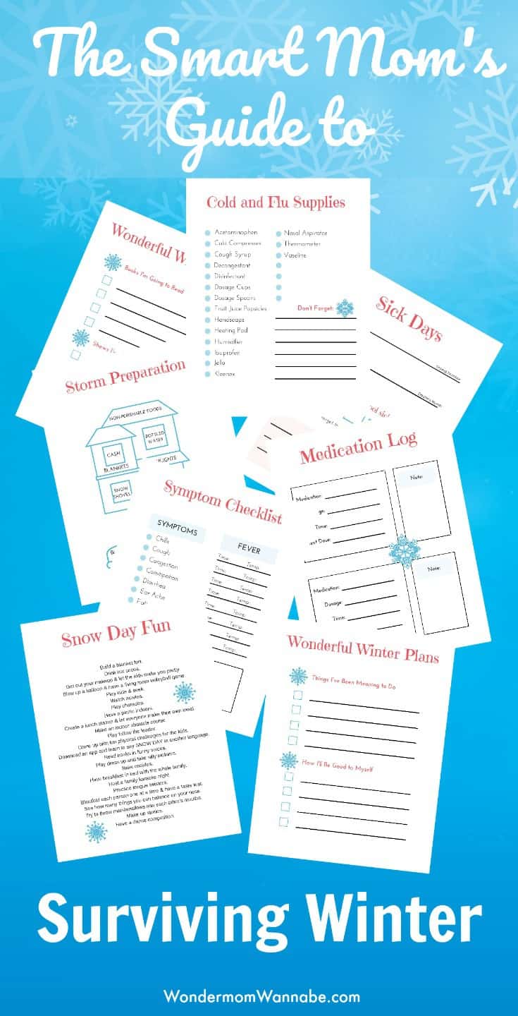 several printables on a blue background with snowflakes at the top with title text reading The Smart Mom's Guide to Surviving Winter