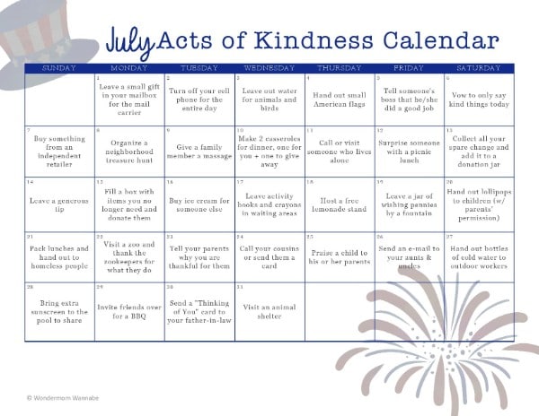 printable July Random Acts of Kindness Calendar