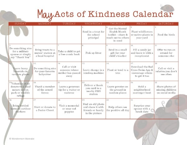 printable May Acts of Kindness Calendar
