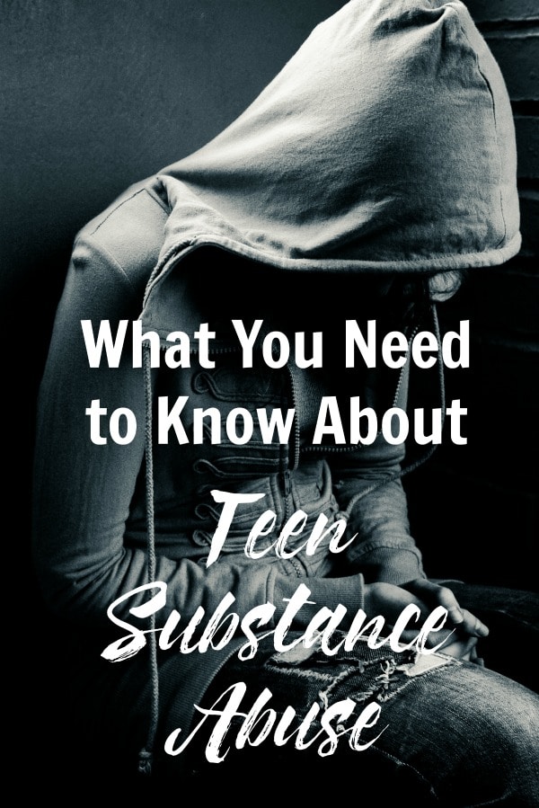 a teen sitting down wearing a hooded jacket with the hood over their head against a dark background with title text reading What You Need to Know About Teen Substance Abuse