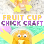 a collage of a fruit cup chick craft on a counter and on fake grass