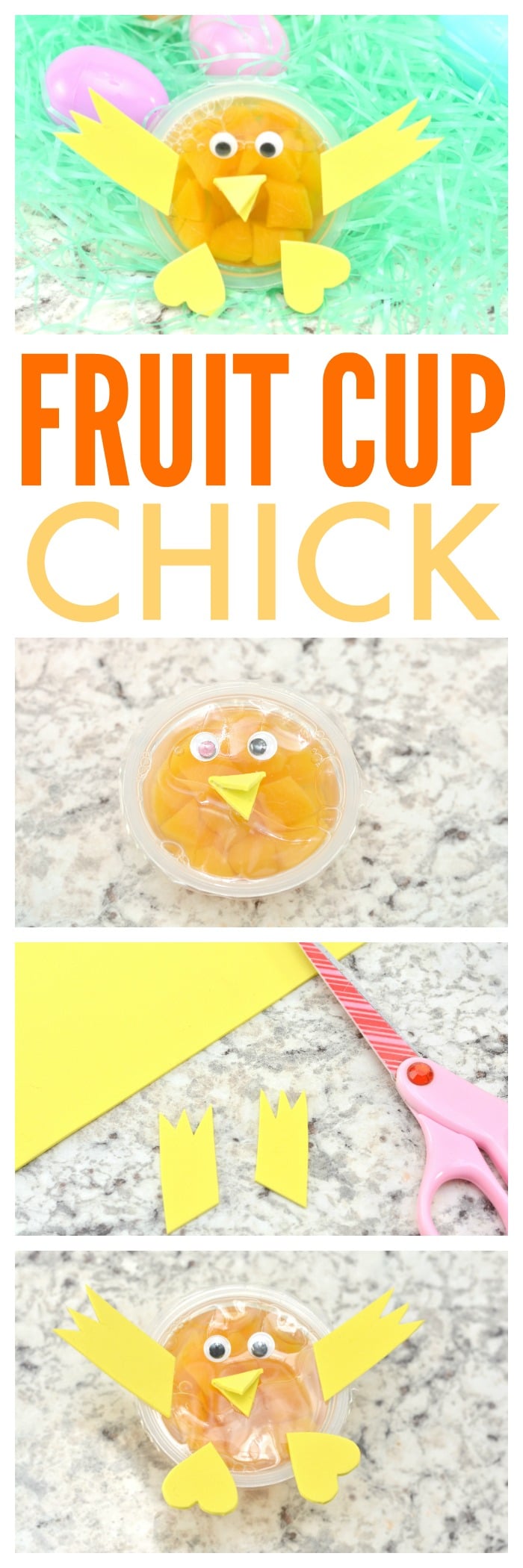 a collage of how to make a fruit cup chick with title text reading Fruit Cup Chick 