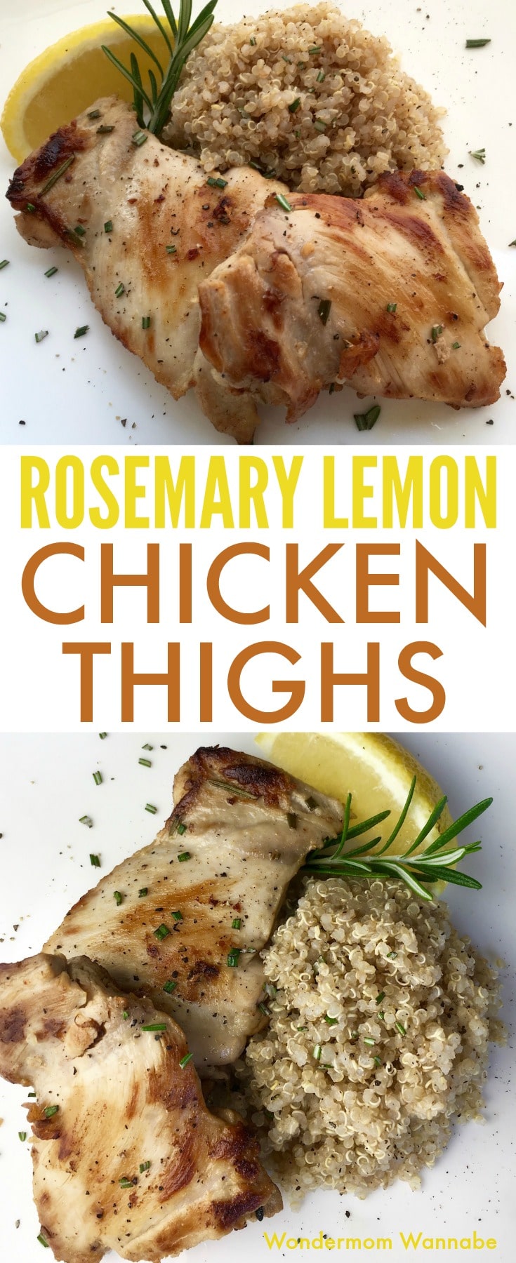 a collage of rosemary lemon chicken thighs with quinoa and a lemon wedge on a white background with title text reading Rosemary Lemon Chicken Thighs
