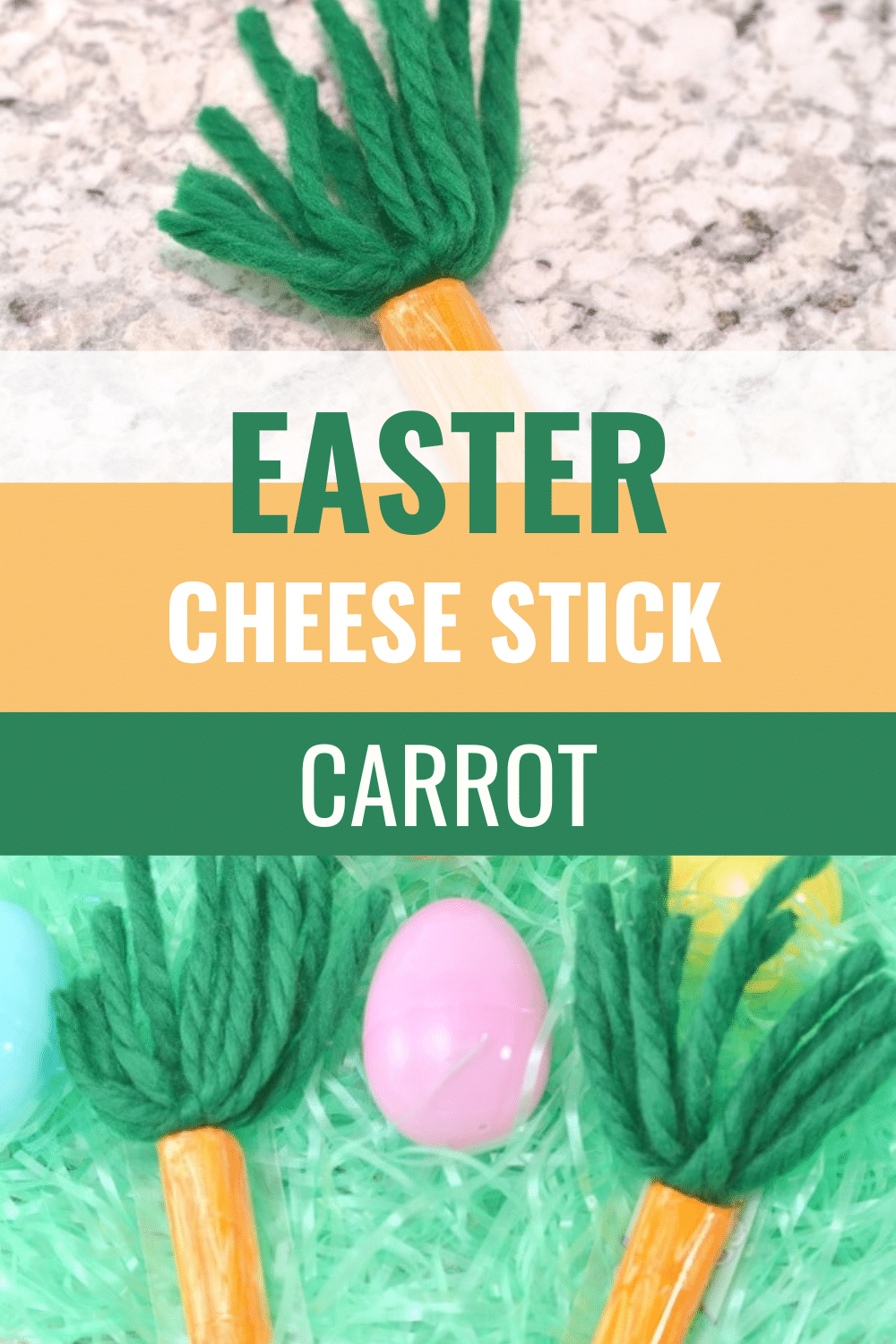 Snack time doesn't have to be boring! This cheese stick carrot is the perfect way to make snack time fun during the Easter season. #easter #funfoodforkids #snacks #easycrafts via @wondermomwannab