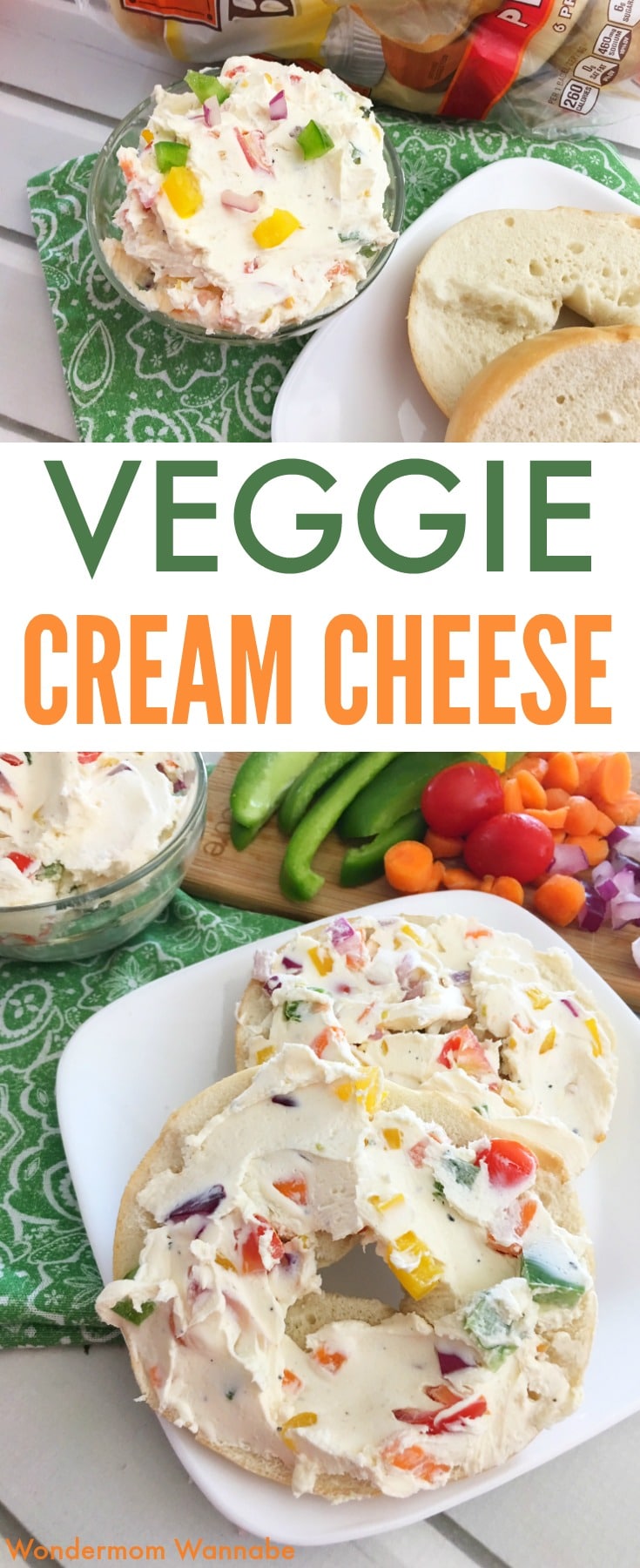 a collage of garden vegetable cream cheese in a glass bowl and on a bagel on a white plate on a green cloth on a wood table with vegetables in the background with title text reading Veggie Cream Cheese