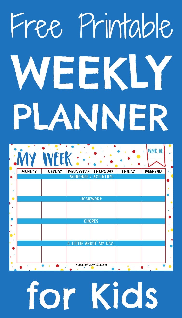 This weekly planner printable is perfect for kids! It has spots to track their activities, chores, and homework assignments so they can establish good habits early! #printables #forkids #planners via @wondermomwannab