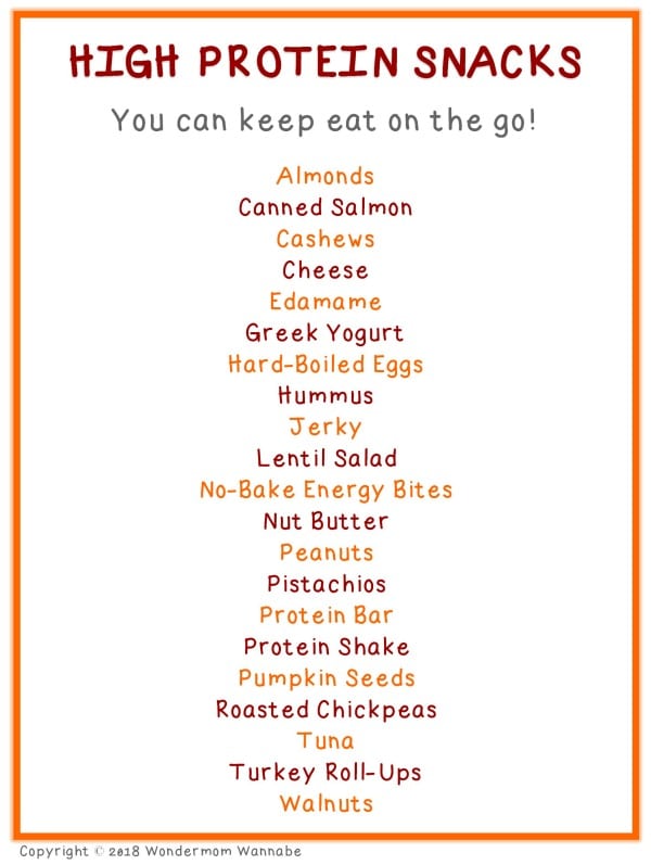 a printable list of high protein snacks you can keep and eat on the go