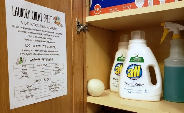 a cabinet with a printable laundry cheat sheet on the door with all free clear detergent and a spray bottle on the shelf