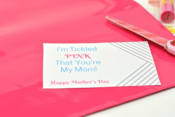 a pink bag with a gift tag with text reading I'm Tickled Pink That You're My Mom! Happy Mother's Day on it