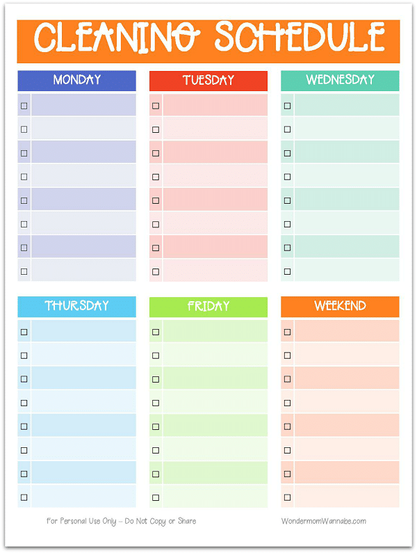 a printable cleaning schedule checklist with the days of the week on it, Monday to Friday, Weekend