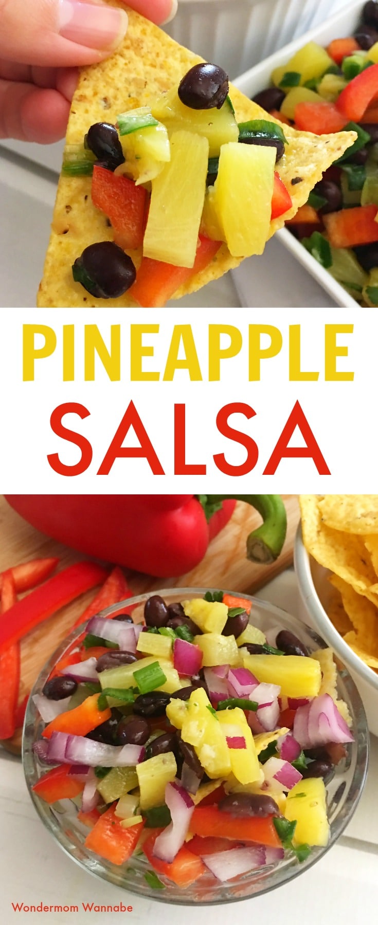 This pineapple salsa is such a pretty and delicious appetizer and it only takes a few minutes to make! #pineapple #salsa #easyappetizer via @wondermomwannab