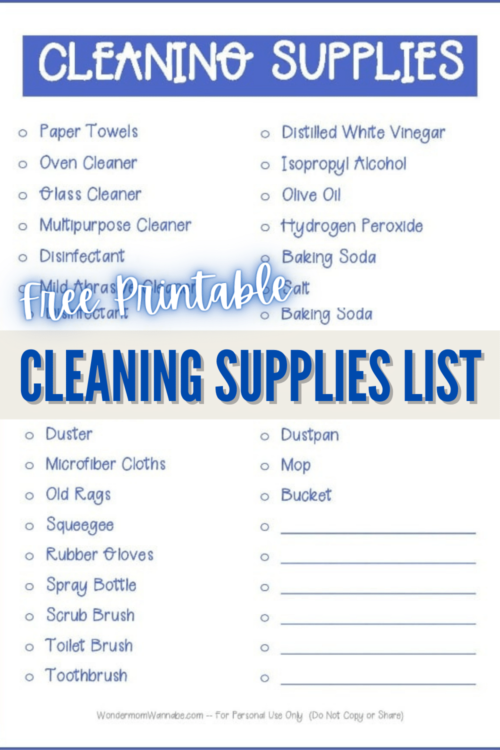 This Free Printable Cleaning Supplies List makes it easier for you to keep everything you need for cleaning on hand and readily available. #cleaning #cleaningsupplies #printable via @wondermomwannab
