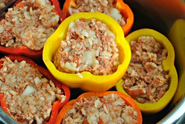 closeup view of stuffed bell peppers in an instant pot