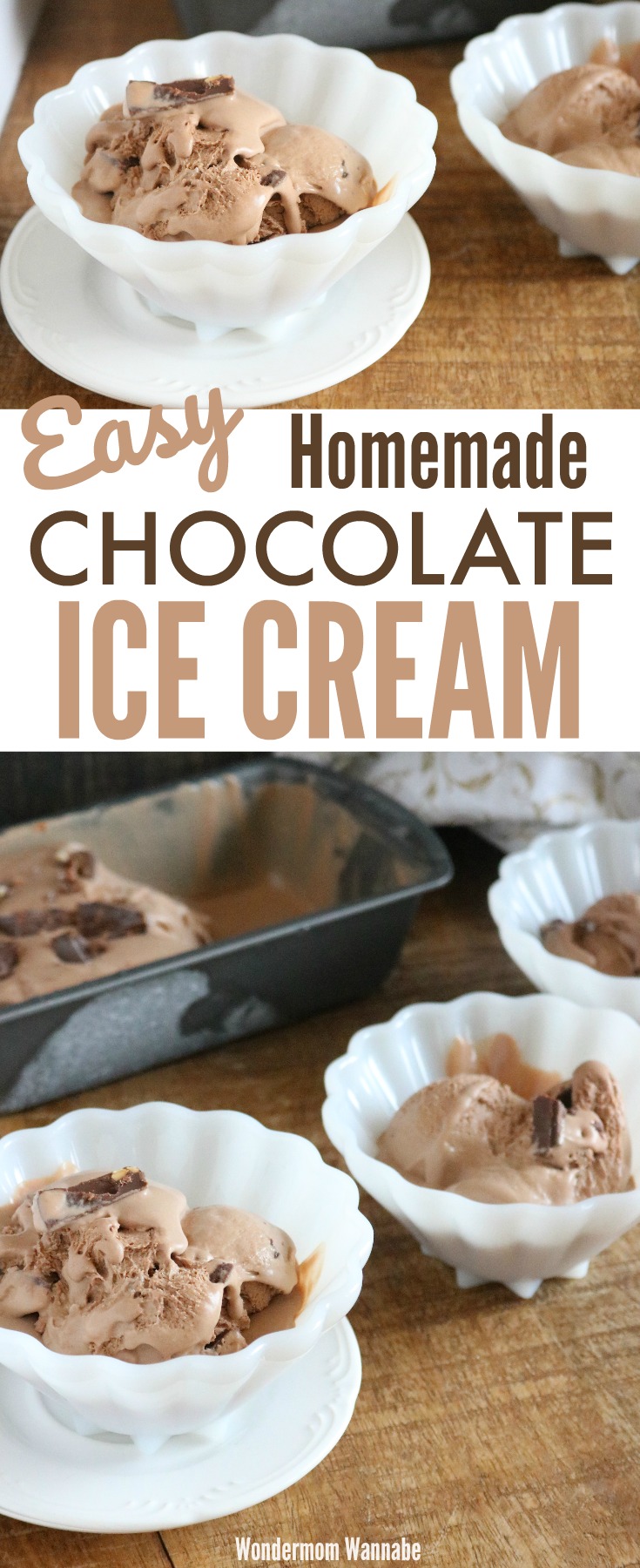 a collage of chocolate ice cream in white bowls, one on a white saucer, on a brown table with more chocolate ice cream in a metal pan in the background with title text reading Easy Homemade Chocolate Ice Cream