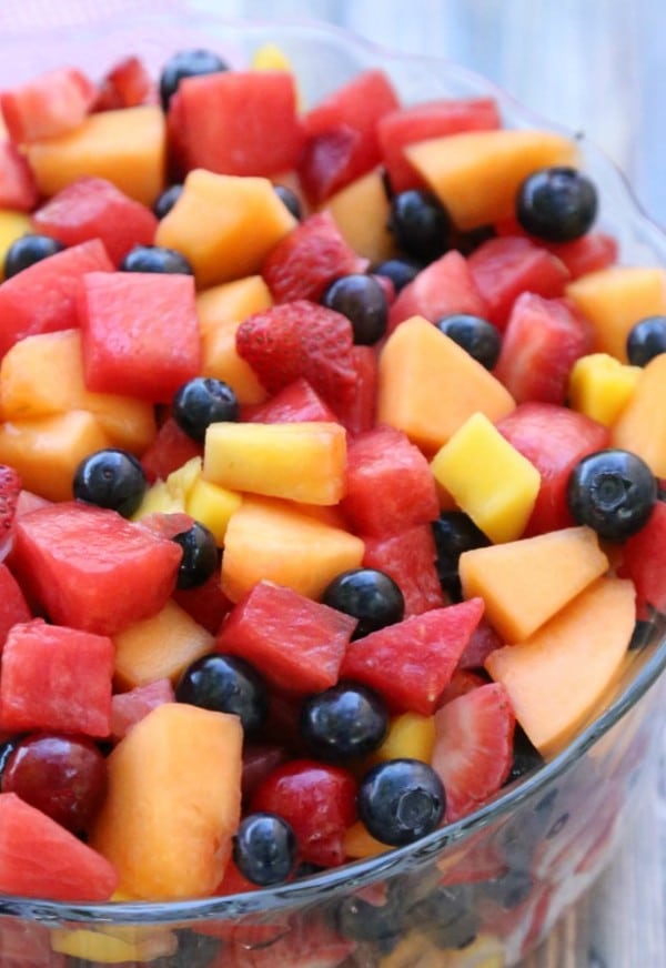 fruit salad in a glass bowl