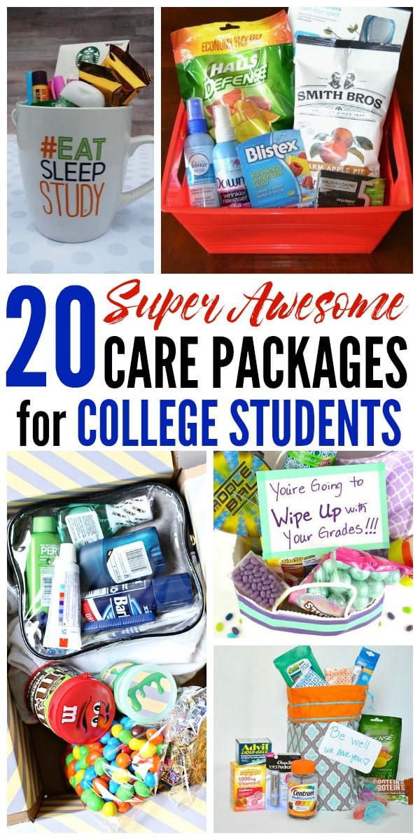 a collage of different care package ideas with title text reading 20 Super Awesome Care Packages for College Students