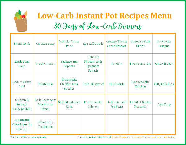 printable calendar menu on a white background with the title reading Low-Carb Instant Pot Recipes Menu 30 Days of Low-Carb Dinners