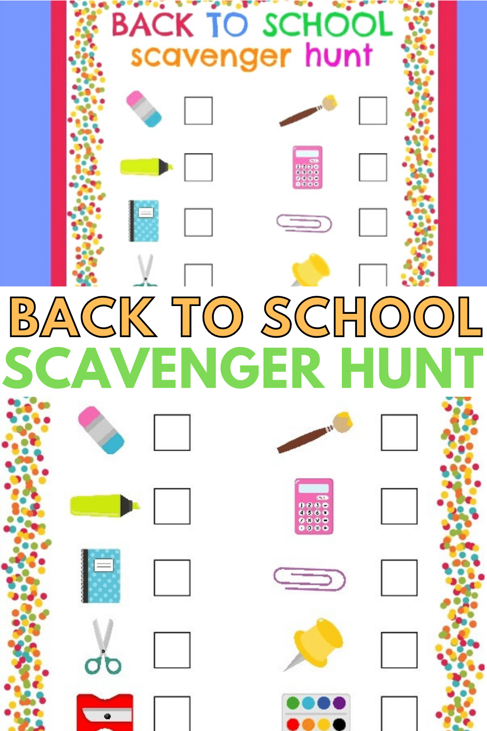 A back to school scavenger hunt is a fun way to get kids excited about a new school year. This free printable scavenger hunt is a colorful and easy game. #scavengerhunt #printable #forkids #backtoschool via @wondermomwannab