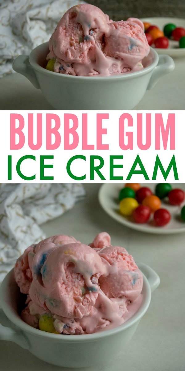 a collage of bubble gum ice cream in a white bowl with a cloth and a plate of bubble gum in the background on a white table with title text reading Bubble Gum Ice Cream