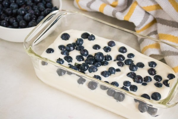 ice cream mixture topped with blueberries in a glass container on a white counter next to a white bowl of blueberries