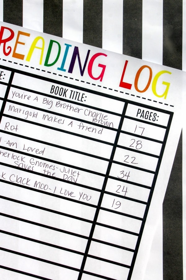 a close up view of a printable reading log on a black and white striped background