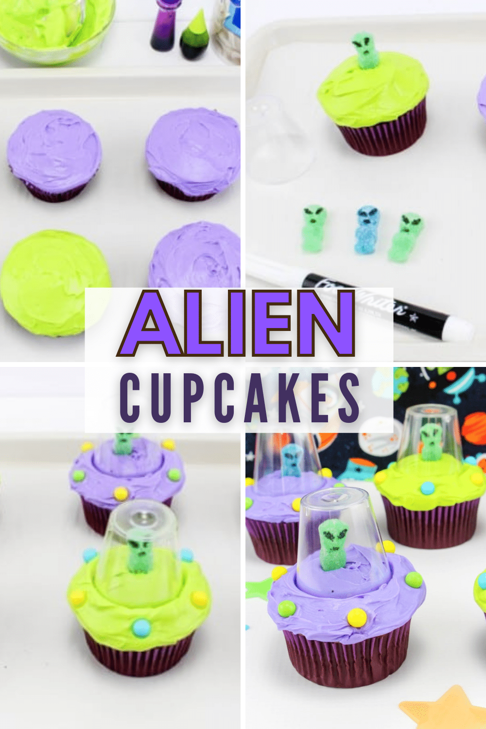 These fun alien cupcakes are just as easy to make as they are adorable! You don't have to be a professional cake decorator to make these for your child. #funfoodforkids #cupcakes #aliens via @wondermomwannab
