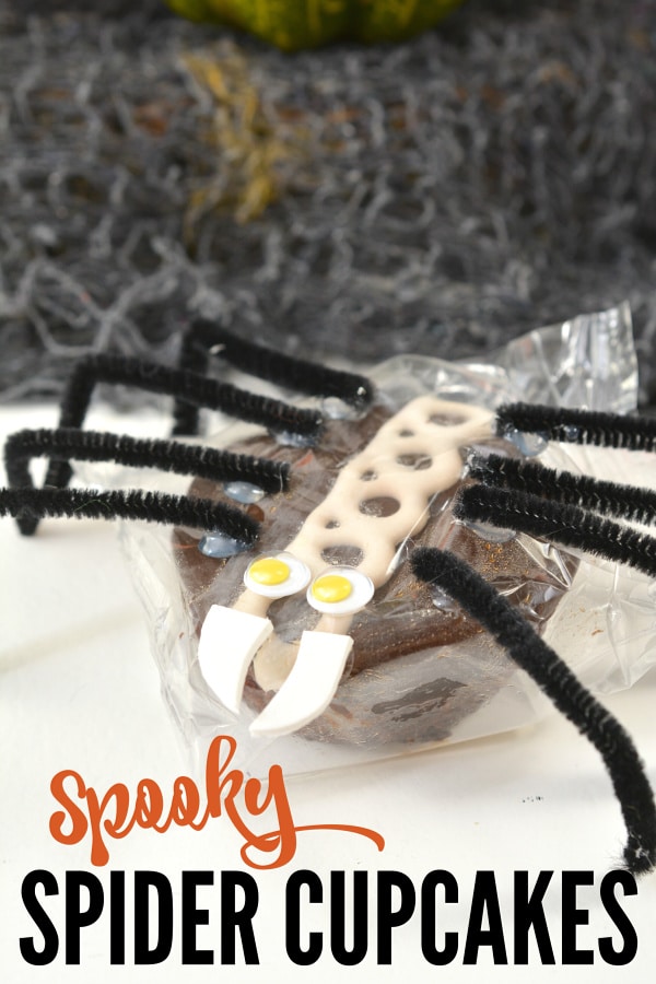 a packaged cupcake with black pipe cleaners, googly eyes and white foam glued on to look like a spider with gray netting in the background with title text reading Spooky Spider Cupcakes