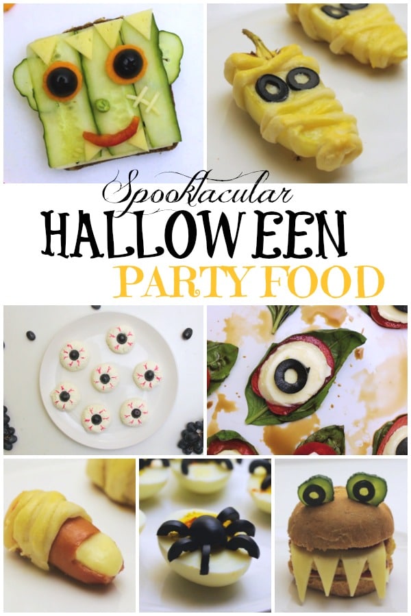 a collage of seven different Halloween party foods with title text reading Spooktacular Halloween Party Food