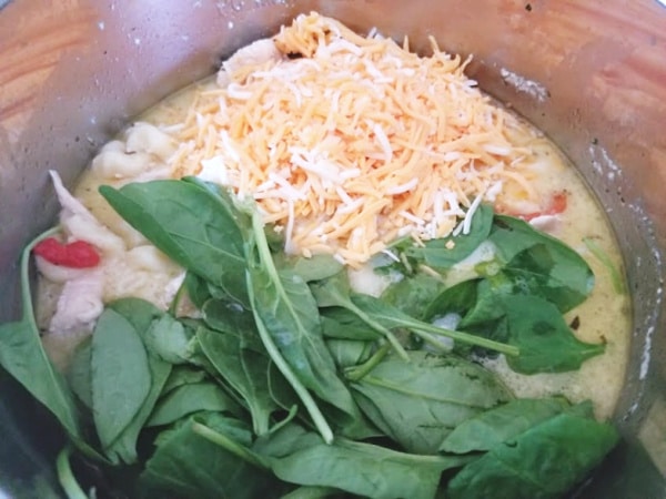 cubed chicken, Alfredo sauce, chicken broth, roasted red peppers, and pasta topped with shredded cheese and fresh spinach in an instant pot