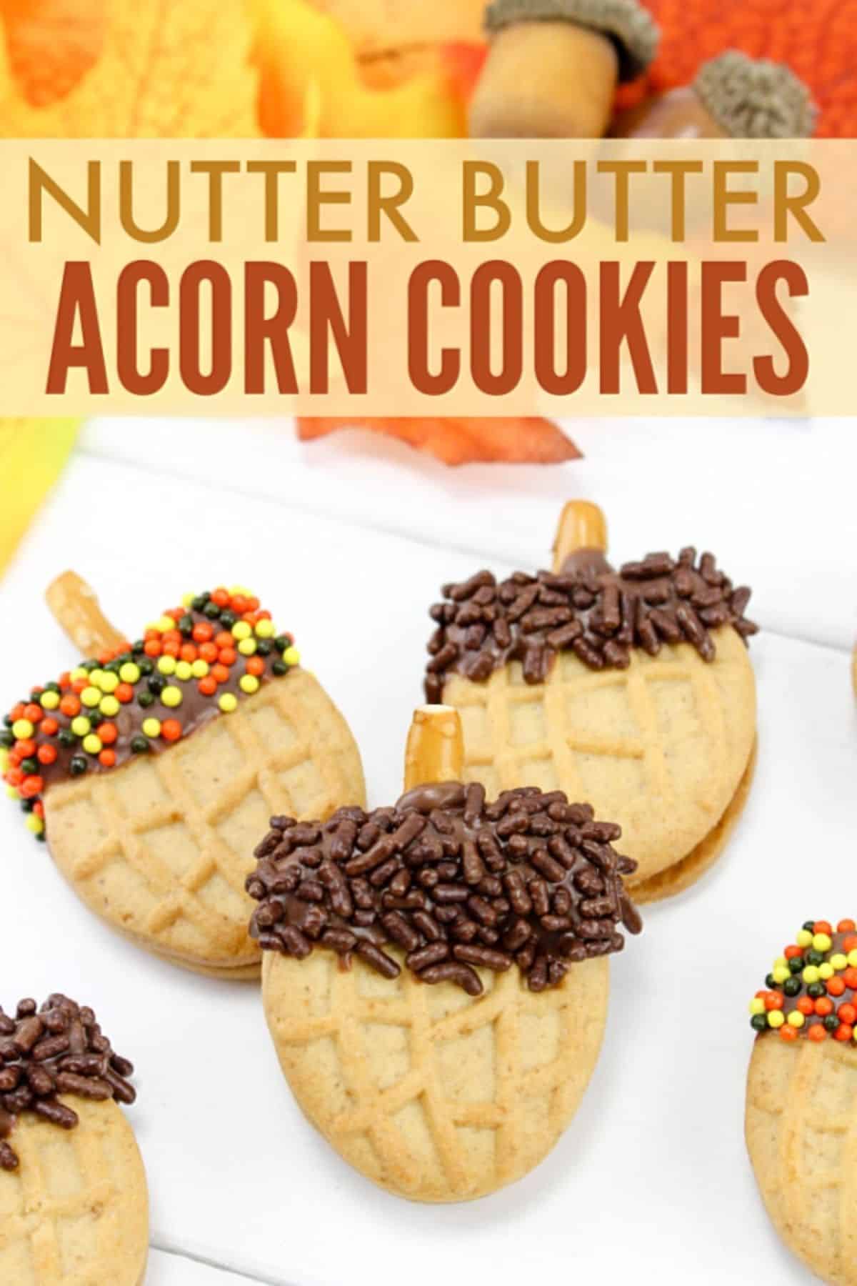 nutter butter acorns cookies with title text reading Nutter Butter Acorn Cookies.