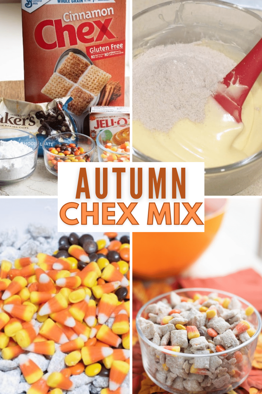This Autumn Chex Mix is perfect for Fall parties! Just like Muddy Buddies, but with Fall colors from candy. #Fall #chexmix #muddybuddies #candycorn via @wondermomwannab