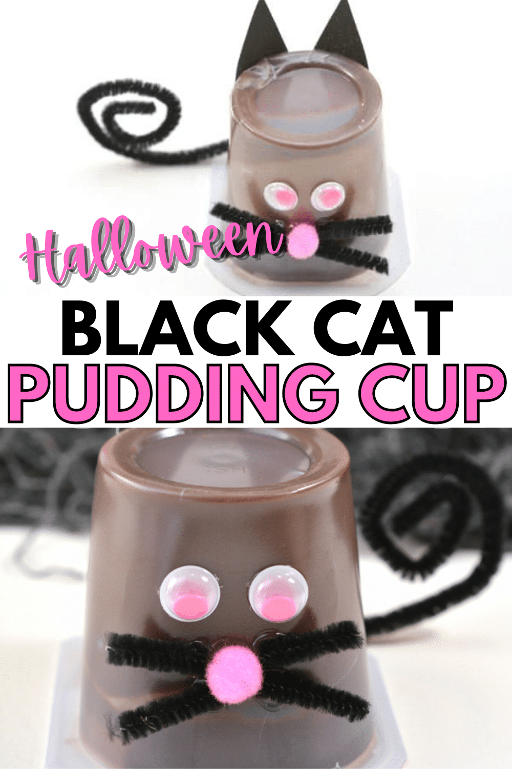 This black cat pudding cup is such a fun Halloween treat idea and it's super easy! #Halloween #treats #crafts #funfood via @wondermomwannab