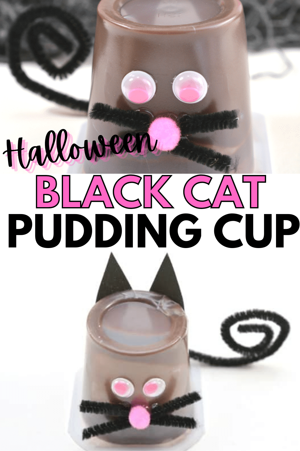 This black cat pudding cup is such a fun Halloween treat idea and it's super easy! #Halloween #treats #crafts #funfood via @wondermomwannab