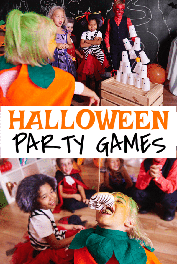 a collage of four kids in Halloween costumes at a Halloween party with title text reading Halloween Party Games