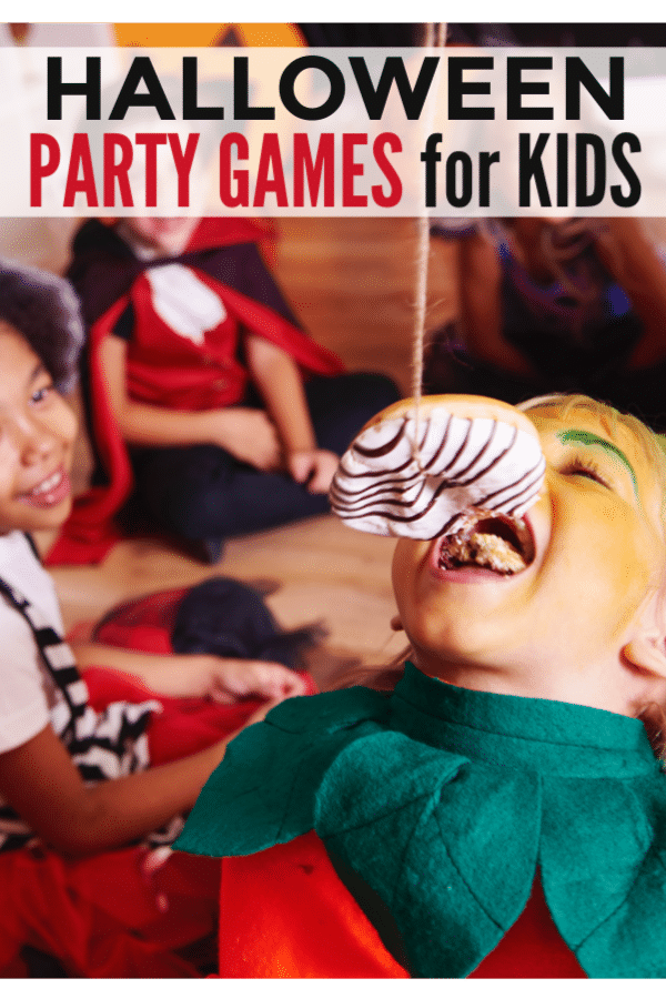 kids in Halloween costumes at a Halloween party with one of them trying to eat a donut hanging above him on a string with title text reading Halloween Party Games for Kids