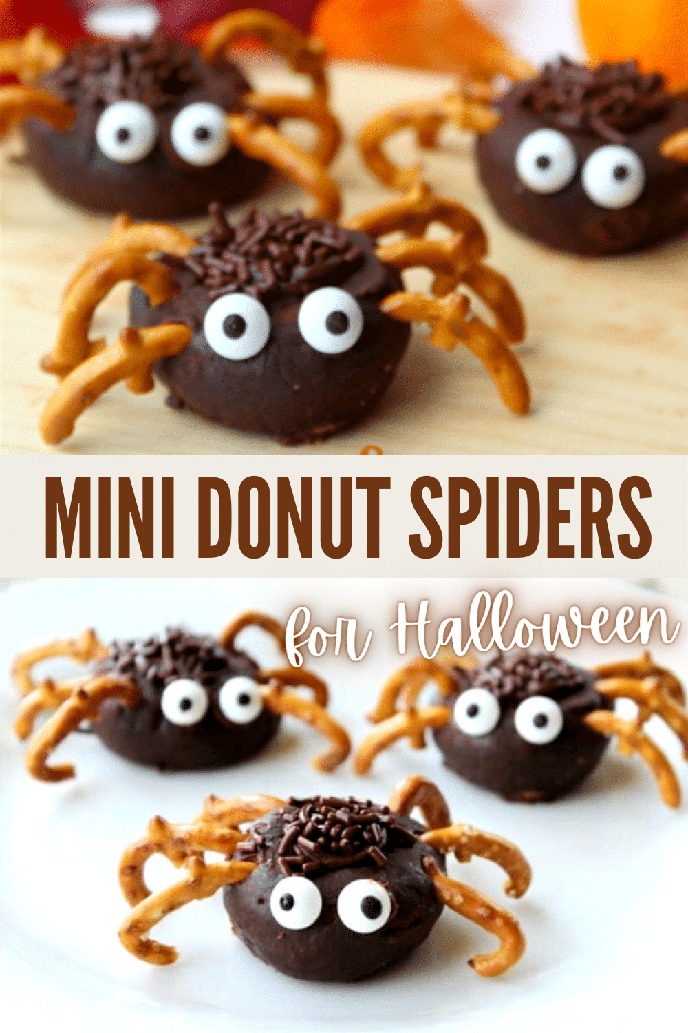 Such a fun and easy Halloween treat idea! This tutorial shows you how to make a spider using mini donuts and pretzels in just minutes. #funfood #Halloween #spidertreats #minidonuts via @wondermomwannab