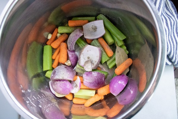 celery, carrots, onion and garlic cloves in an instant pot
