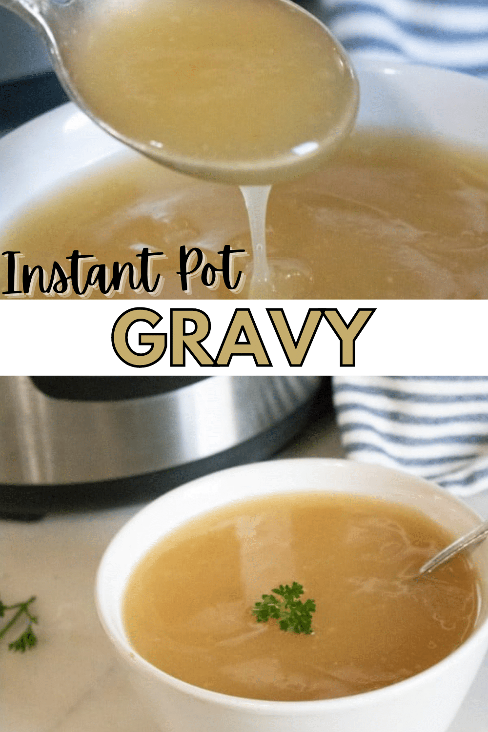     Instant pot gravy served in a bowl with a spoon.