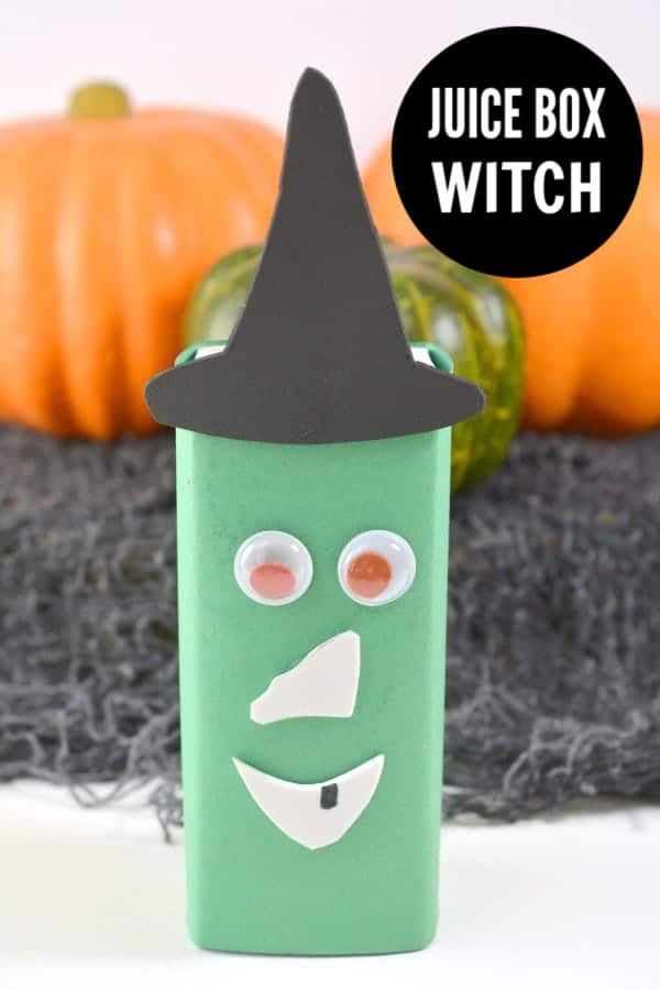 a witch made out of a juice box, construction paper, foam and googly eyes, with pumpkins in the background and title text reading Juice Box Witch