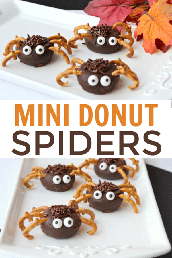a collage of mini chocolate donuts decorated with chocolate frosting and sprinkles, pretzels and candy eyes to look like spiders on a white plate with fake leaves in the background with title text reading Mini Donut Spiders