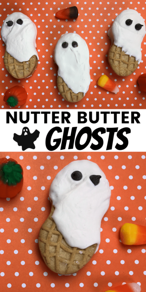 a collage of nutter butter decorated with white frosting and mini chocolate chips to look like a ghost on an orange and white polka dot background next to a candy pumpkin and candy corn with title text reading Nutter Butter Ghosts
