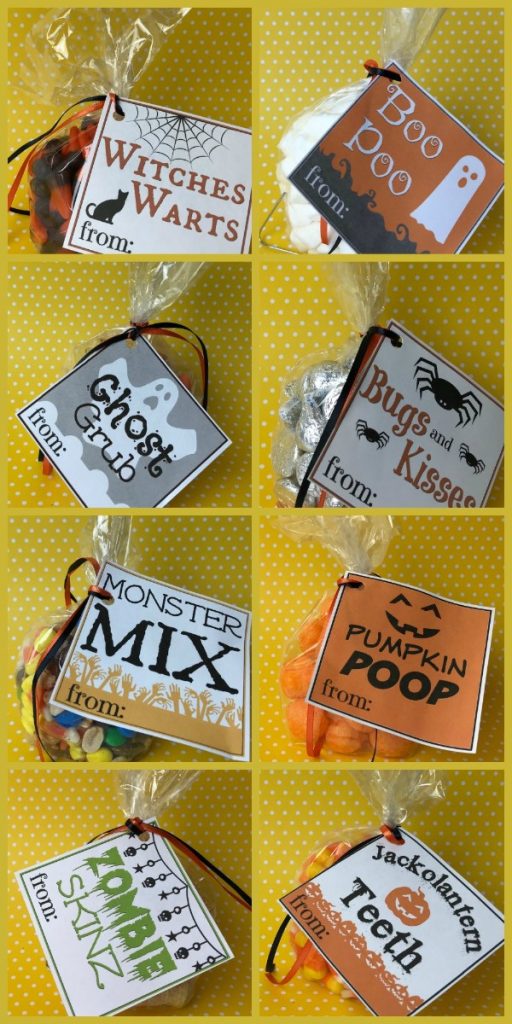  a collage of Free Printable Halloween Tags for Treat Bags on a yellow and white polka dot background