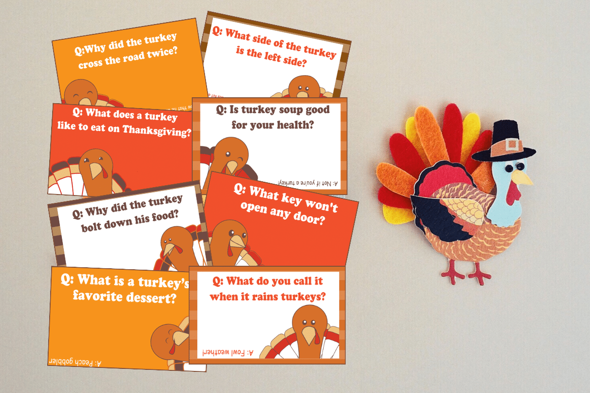 Printable Thanksgiving Riddles cards with a turkey on the side.