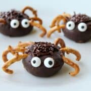 Three mini donut spiders on a plate with pretzels.