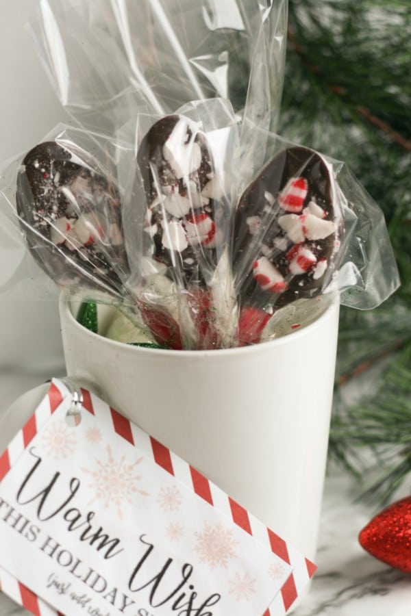 spoons with chocolate and peppermint on them in a white mug with a tag on it that reads warm wishes this holiday season next to ornaments and a Christmas tree