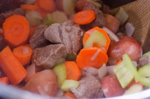 beef, carrots, celery and potatoes in an instant pot