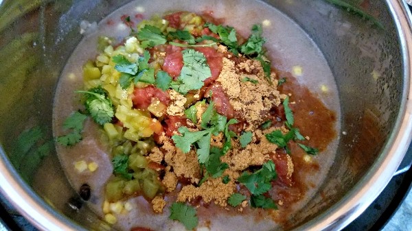 cilantro sprinkled on top of the ingredients for taco soup in an instant pot