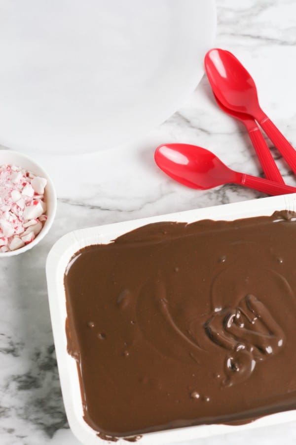 red plastic spoons on a counter next to a plate, a bowl of crushed peppermints and a dish of melted chocolate